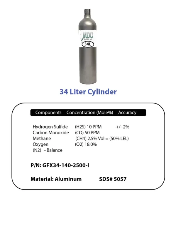 4 Gas H2s 10ppm,co,ch4,o2 34l